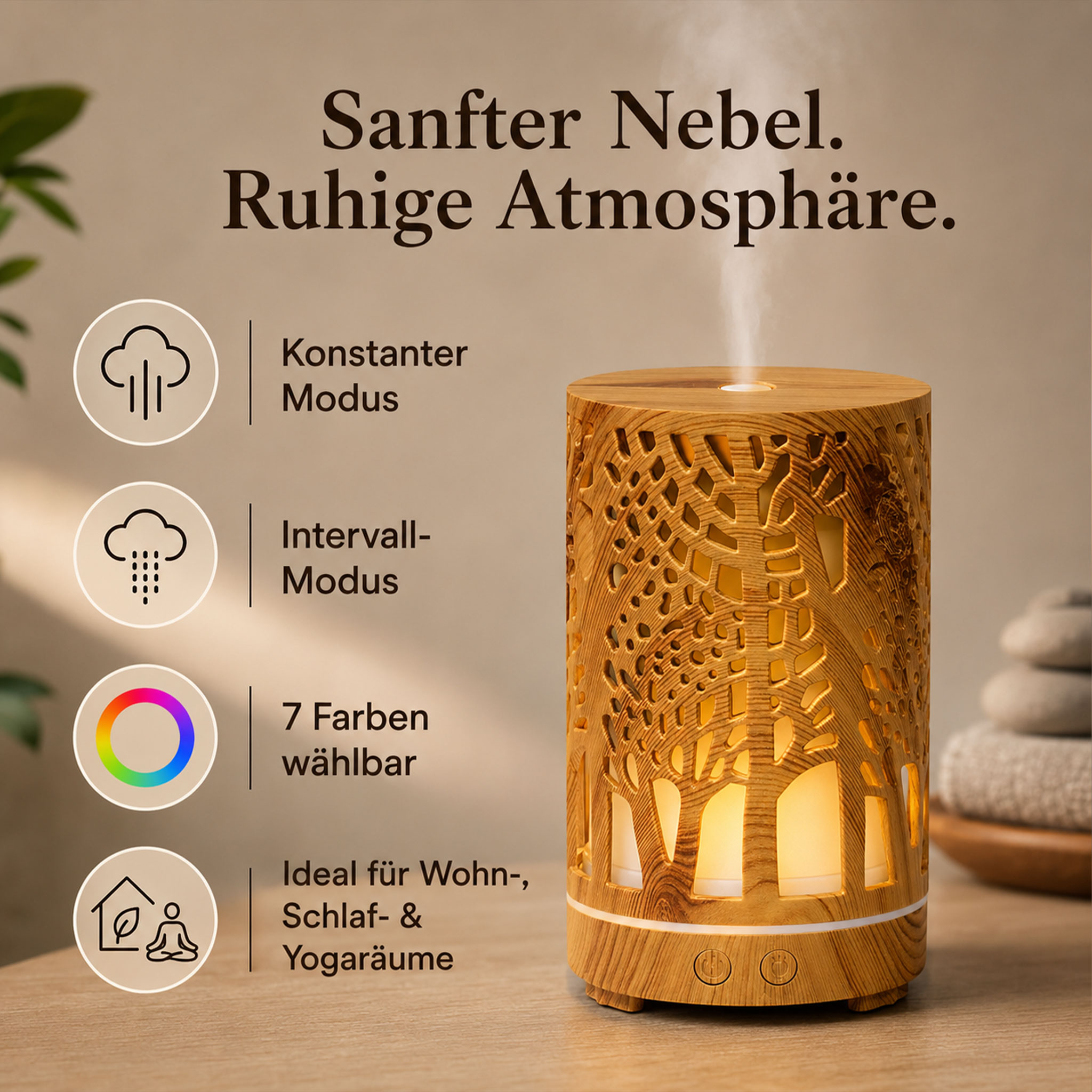Holzdesign-Aroma-Diffuser, der sanften Nebel verströmt und verschiedene Modi sowie Lichtfarben bietet