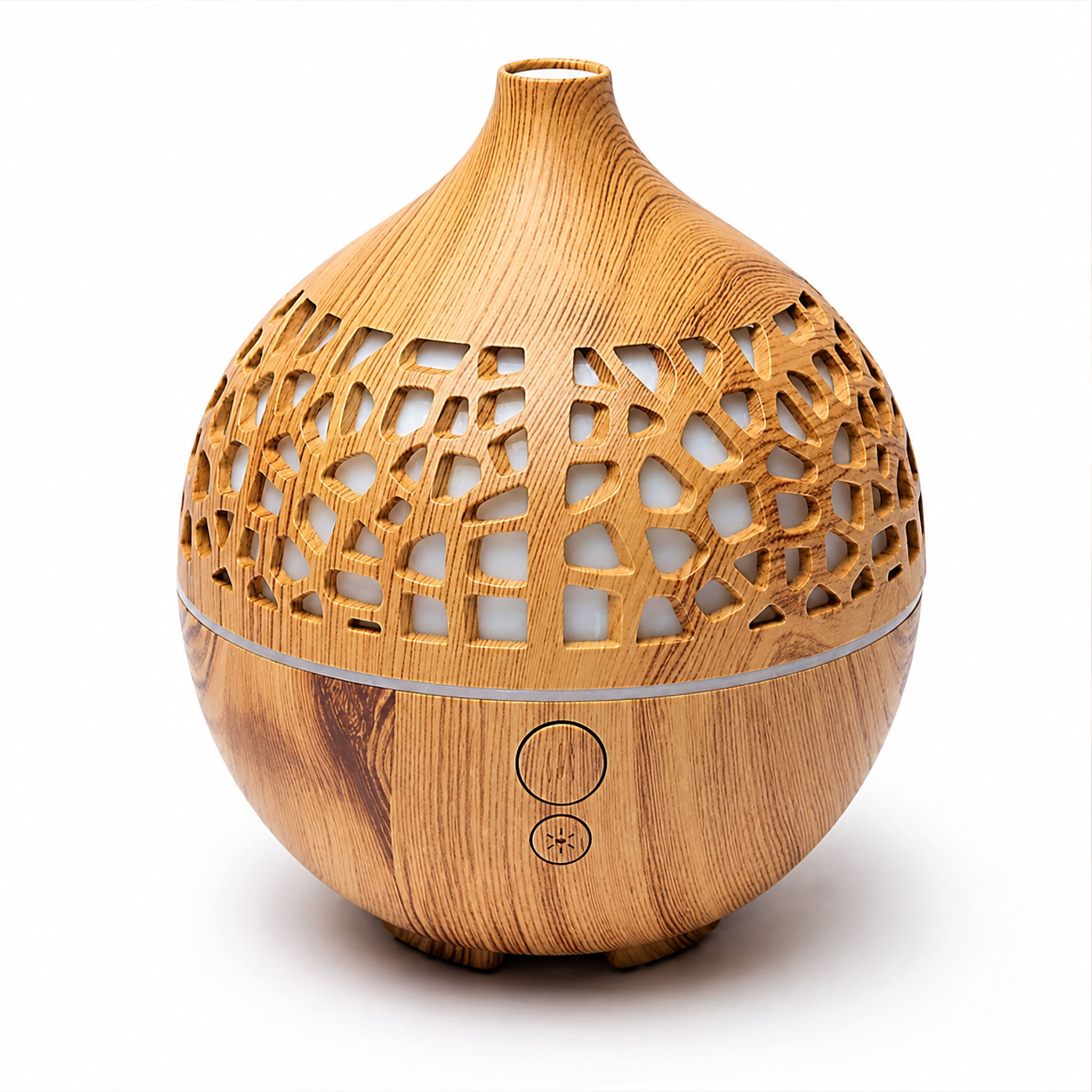 Runder Aroma-Diffuser im Holzdesign mit dekorativen Aussparungen