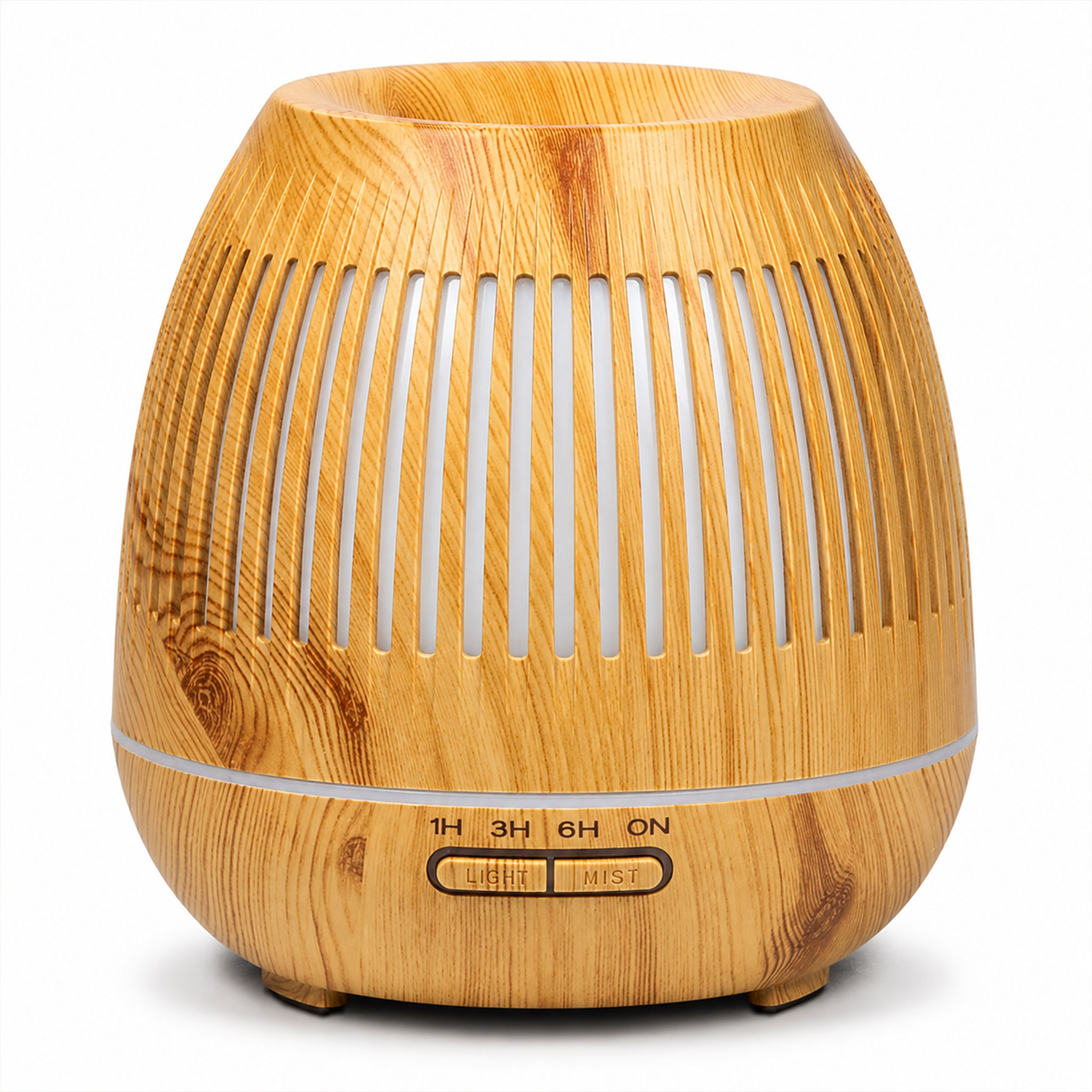 Ein Aroma-Diffuser in Holzoptik mit seitlichen Lamellen und Tasten für Licht und Nebel.