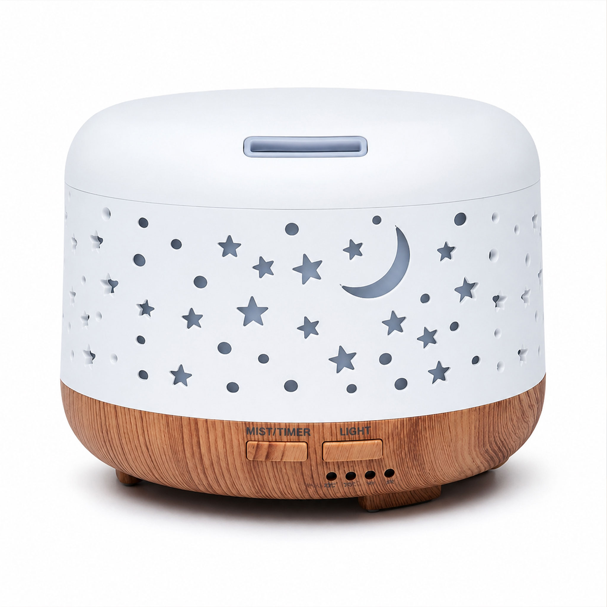 Ein Aroma-Diffusor mit Holzoptik und weißer Hülle mit Sternen- und Mondmuster.