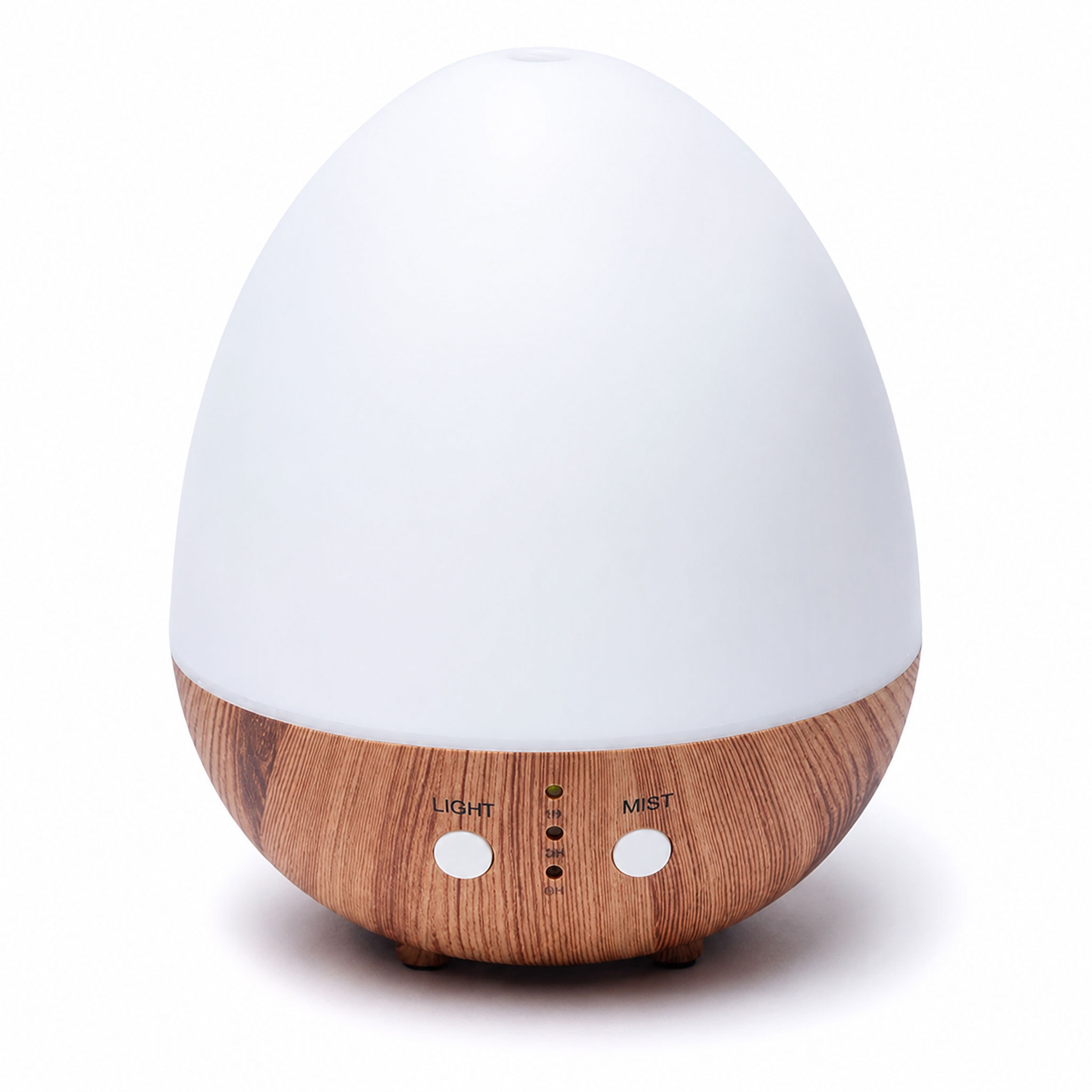 Ei-förmiger Aromadiffuser mit weißem Oberteil und Holzoptik-Basis