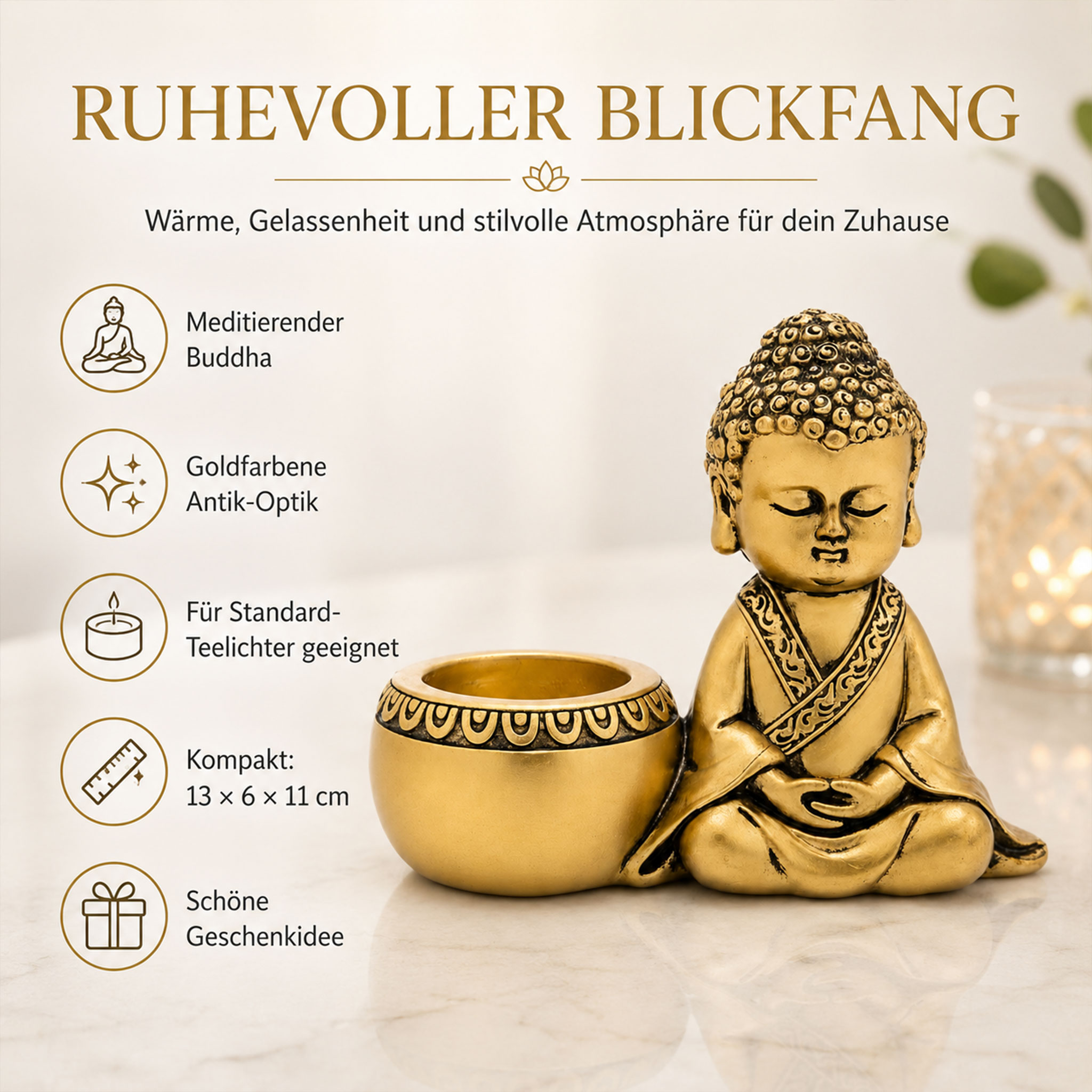 Goldfarbene Buddha-Figur in Meditationshaltung mit dekorativem Teelichthalter auf heller Oberfläche und beschreibendem Text.