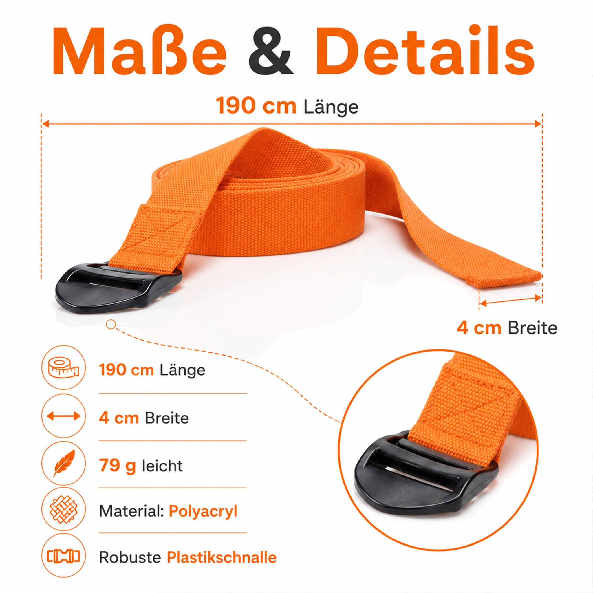 Infografik eines orangefarbenen Gurts mit 190 cm Länge, 4 cm Breite, 79 g Gewicht, Polyacryl-Material und robuster Plastikschnalle