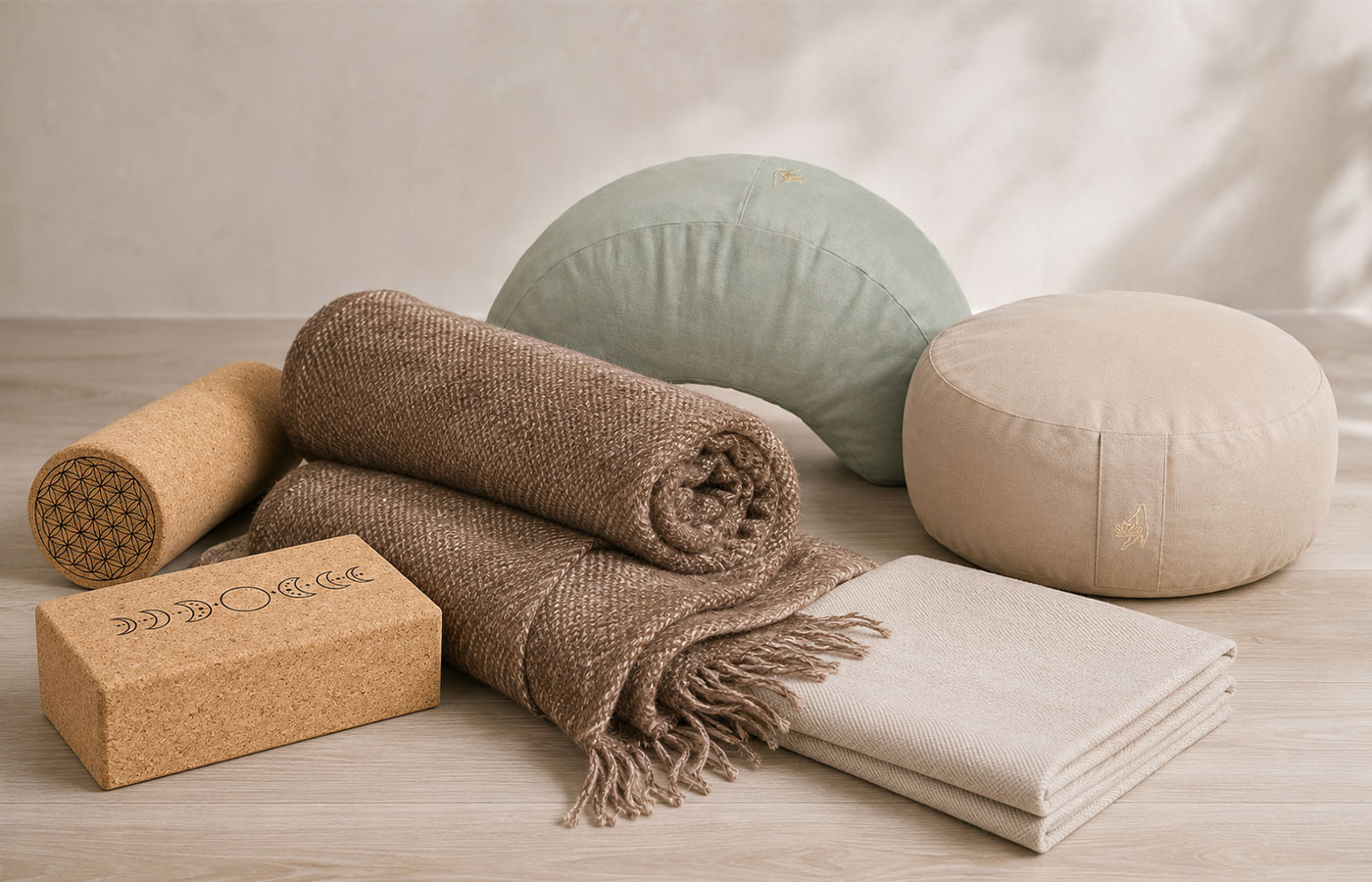 Meditationsschal aus Yakwolle naturbraun kombiniert mit Meditationskissen, Yogadecke und Korkzubehör