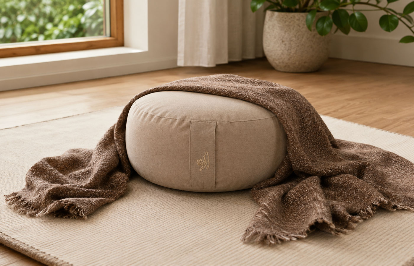 Meditationsschal aus Yakwolle naturbraun mit Meditationskissen und Yogadecke für eine ruhige Sitzpraxis