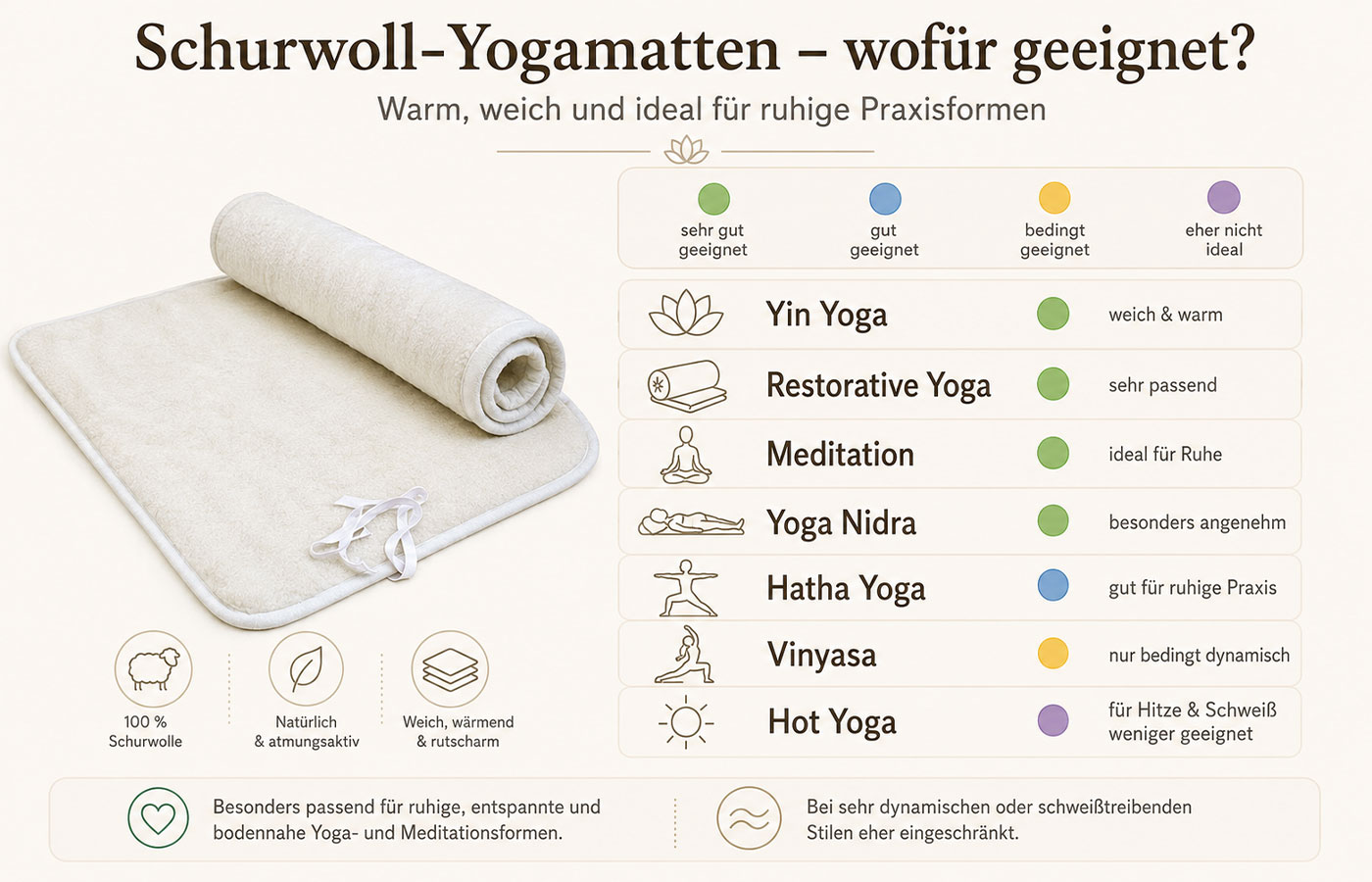 Infografik zur Eignung von Schurwoll-Yogamatten für Yin Yoga, Restorative Yoga, Meditation und Yoga Nidra