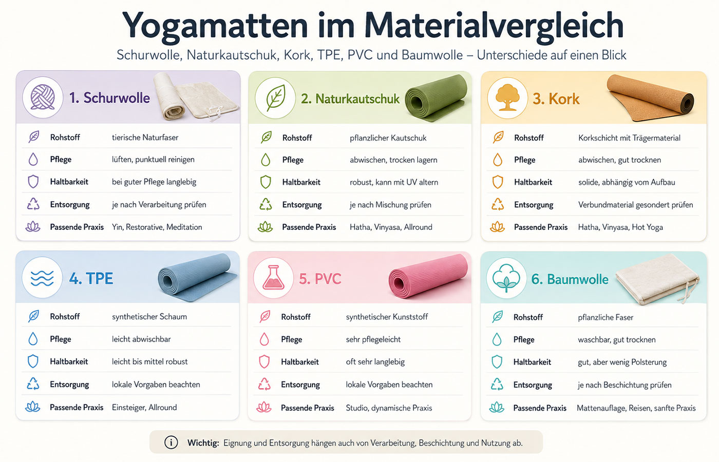 Infografik zum Nachhaltigkeitsvergleich von Schurwolle, Naturkautschuk, Kork, TPE, PVC und Baumwolle bei Yogamatten
