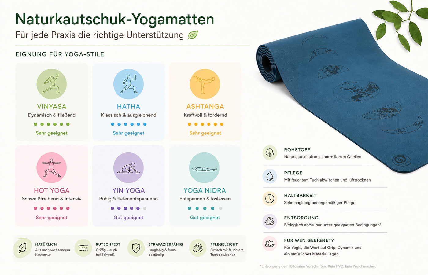 Infografik zur Eignung von Naturkautschuk-Yogamatten für Vinyasa, Hatha, Ashtanga, Yin Yoga und Yoga Nidra