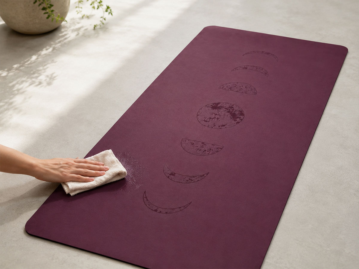 Naturkautschuk-Yogamatte wird mit einem feuchten Tuch schonend gereinigt