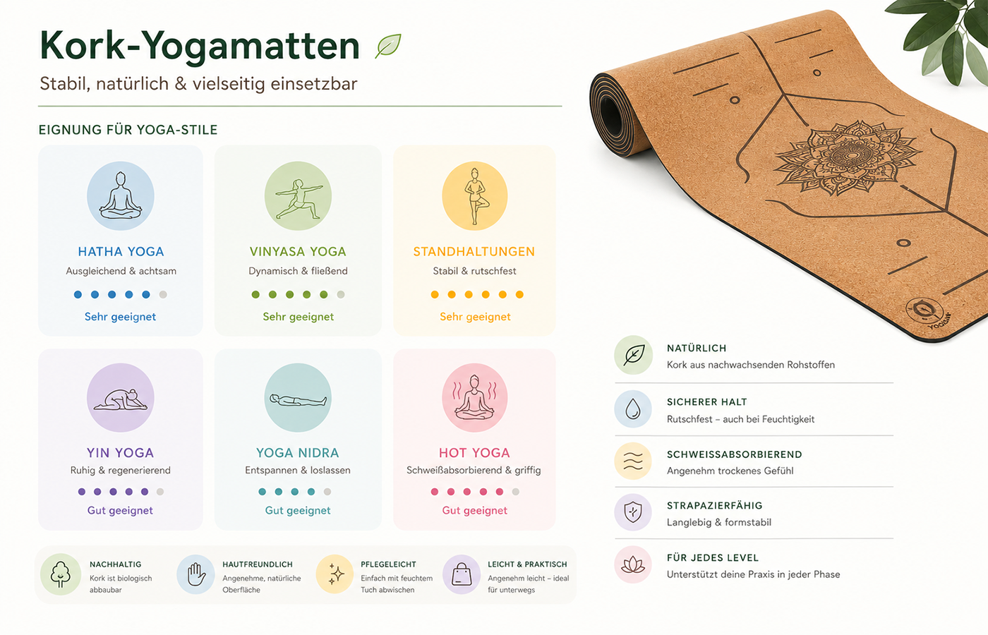 Infografik zur Eignung von Kork Yogamatten für Hatha Yoga, Vinyasa, Standhaltungen, Yin Yoga und Yoga Nidra