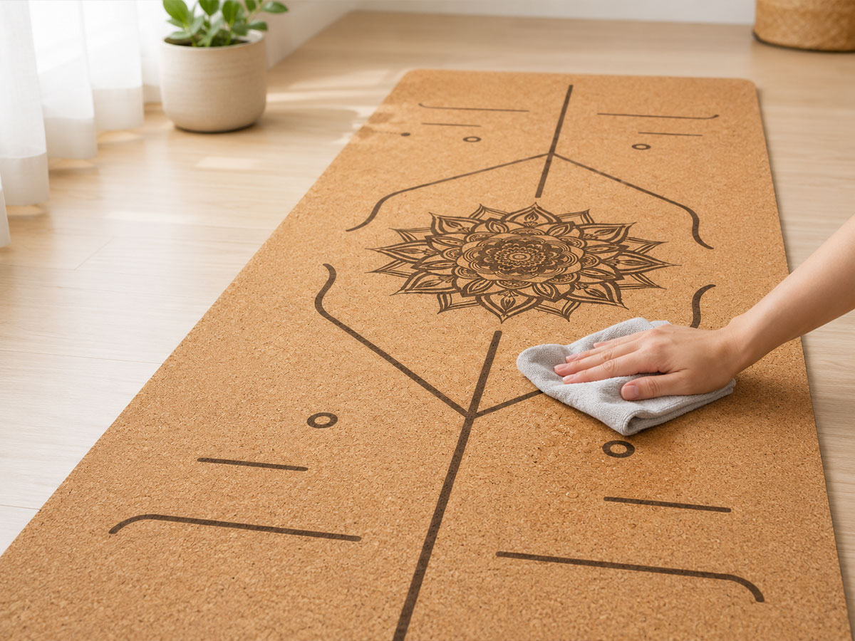 Kork Yogamatte wird mit einem leicht feuchten Tuch schonend gereinigt