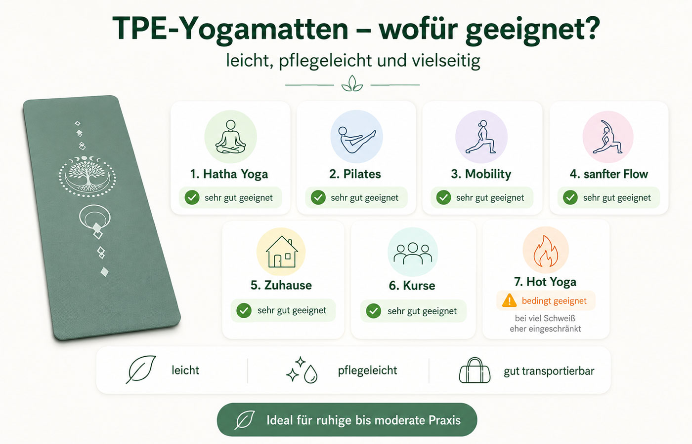 Infografik zur Eignung von TPE Yogamatten für Hatha Yoga, Pilates, Mobility, sanften Flow und Hot Yoga