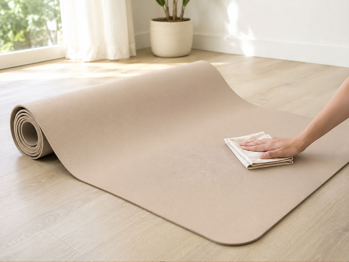 TPE Yogamatte wird mit einem leicht feuchten Tuch schonend gereinigt