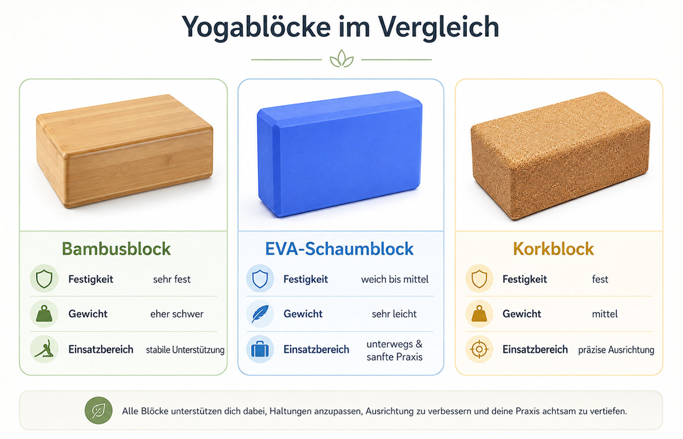 Infografik zur Auswahl von Yogablöcken aus Kork, EVA-Schaum und Bambus