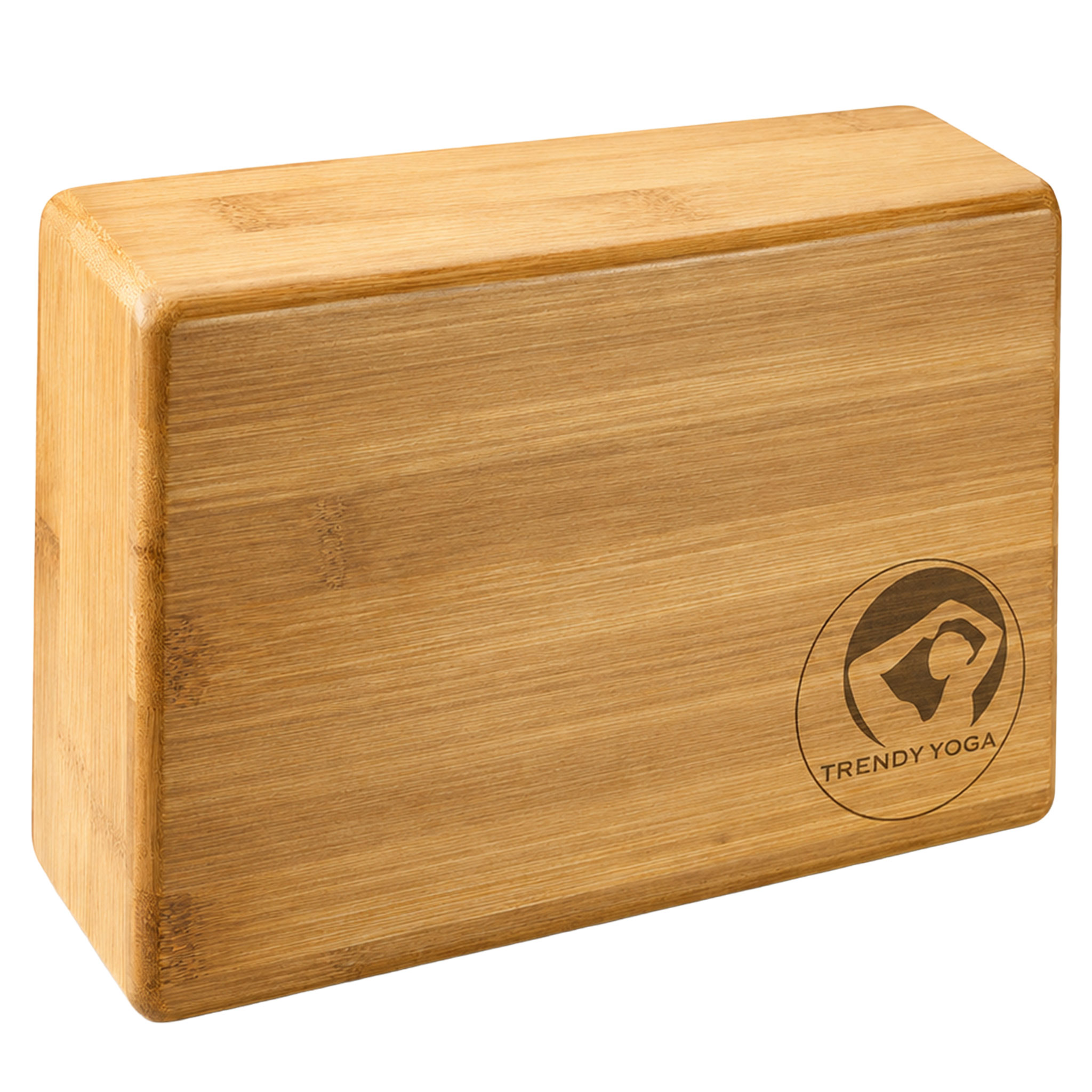 Rechteckiger Yogablock aus Holz mit Trendy-Yoga-Logo auf der Seite
