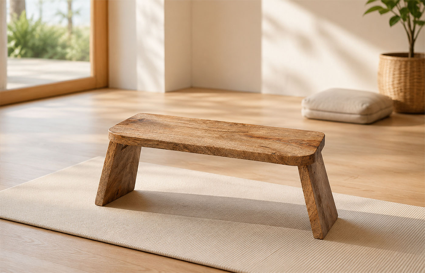Klappbare Meditationsbank aus Mangoholz auf Meditationsmatte für ruhige Sitzpraxis