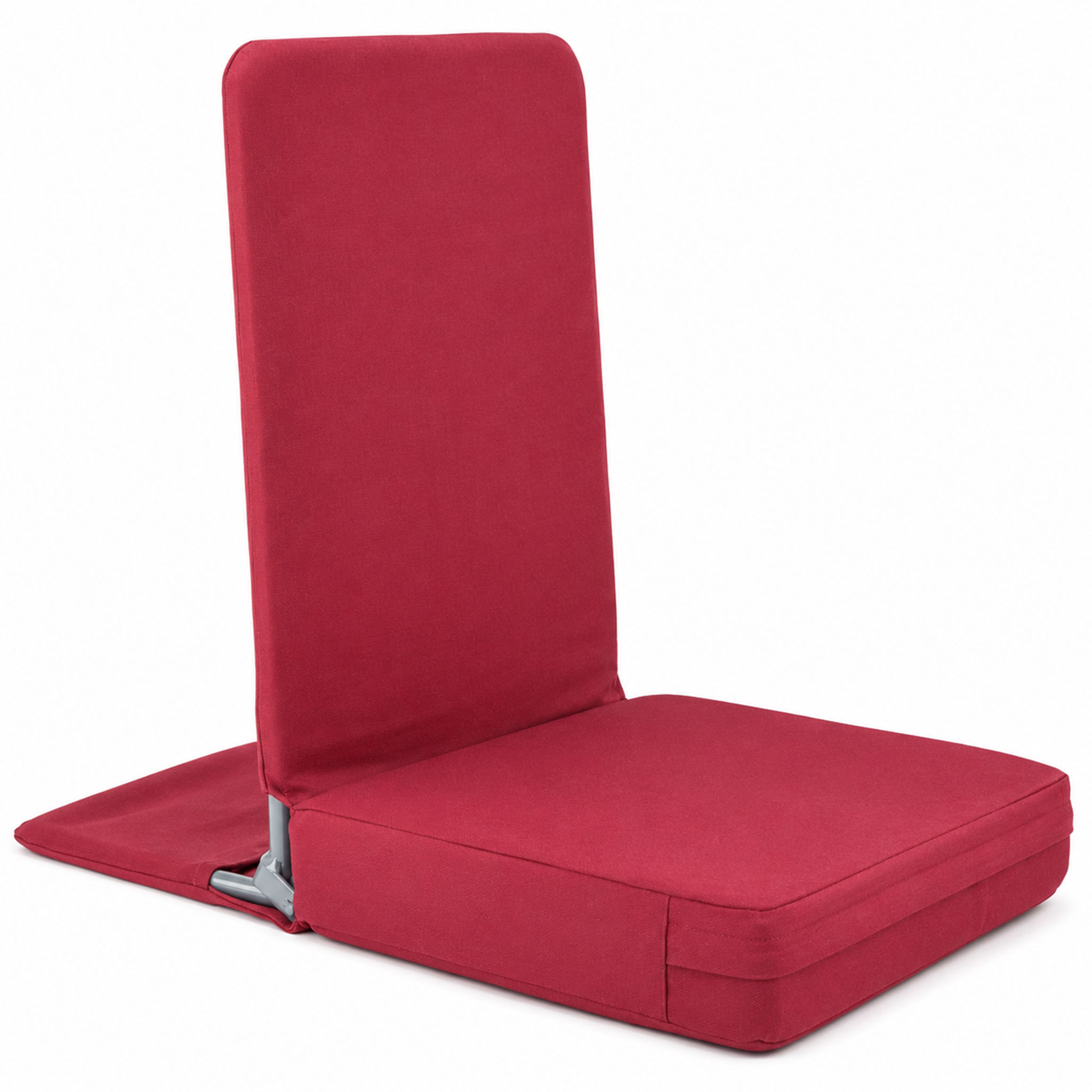 Ein roter, klappbarer Bodenstuhl mit gepolsterter Sitzfläche und Rückenlehne