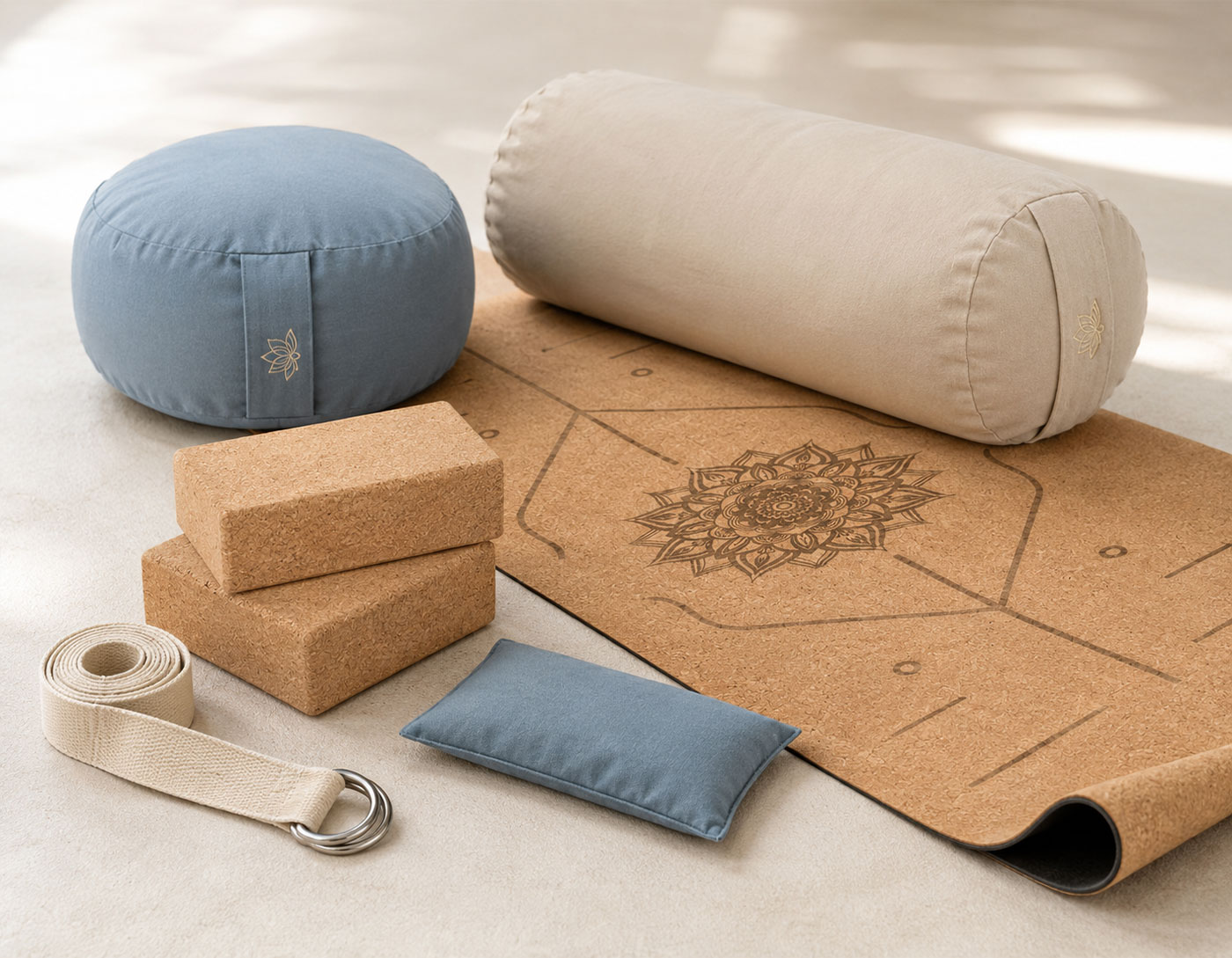 Yogabedarf mit Bolster, Meditationskissen, Korkblöcken, Yogagurt und Yogamatte bei YogiSan