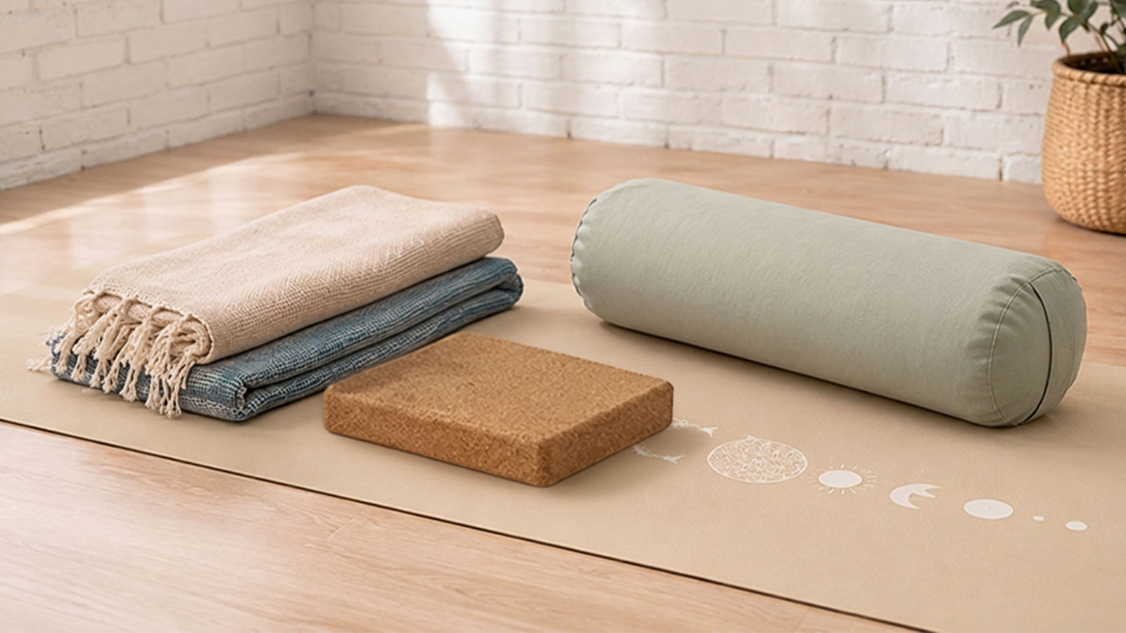 Yogamatte mit gefalteten Decken, Schulterstand-Block und Bolster als Hilfsmittel für sicheren Schulterstand