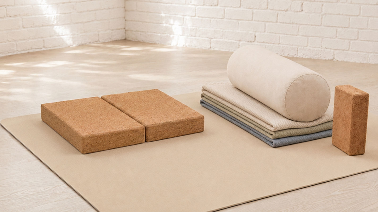 Mehrere Yoga-Hilfsmittel aus Kork und Stoff liegen ordentlich auf einer hellen Matte in einem ruhigen Raum.