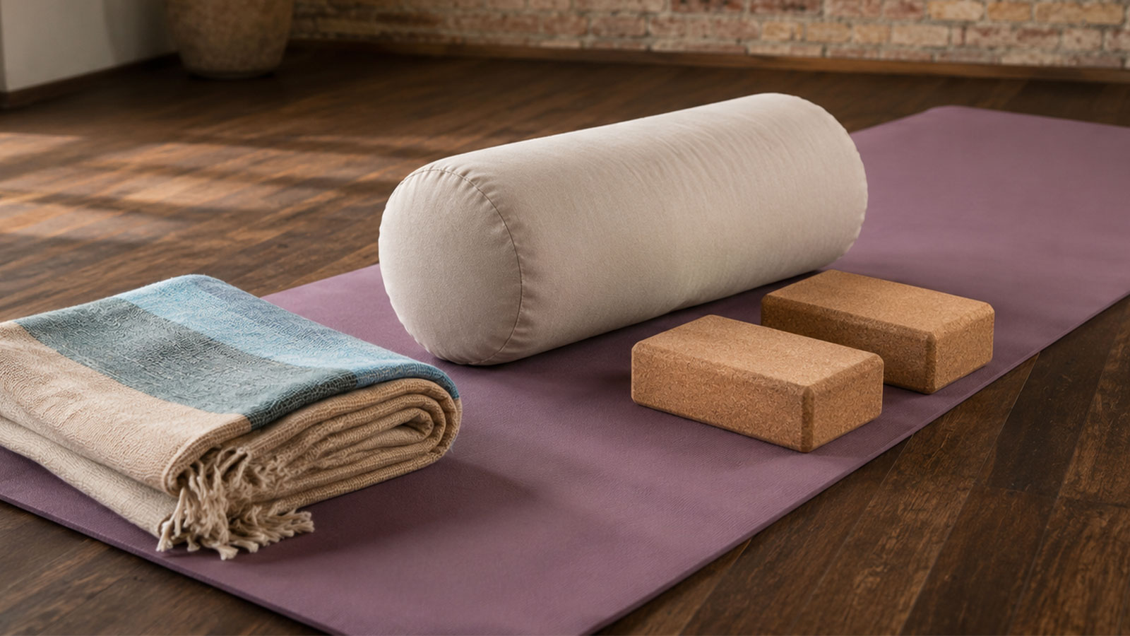 Vorbereitete Matsyasana-Variante mit Yoga Bolster, Korkblock, Decke und Yogamatte