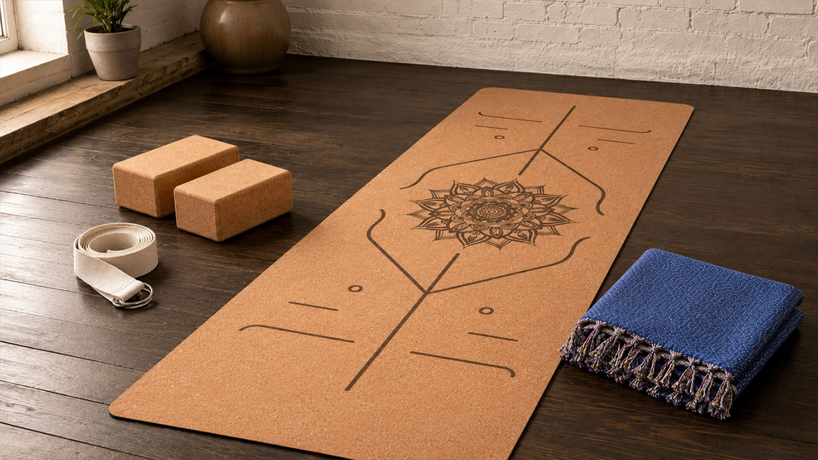 Yogamatte mit Korkblöcken und Yogagurt als Vorbereitung für den Sonnengruß