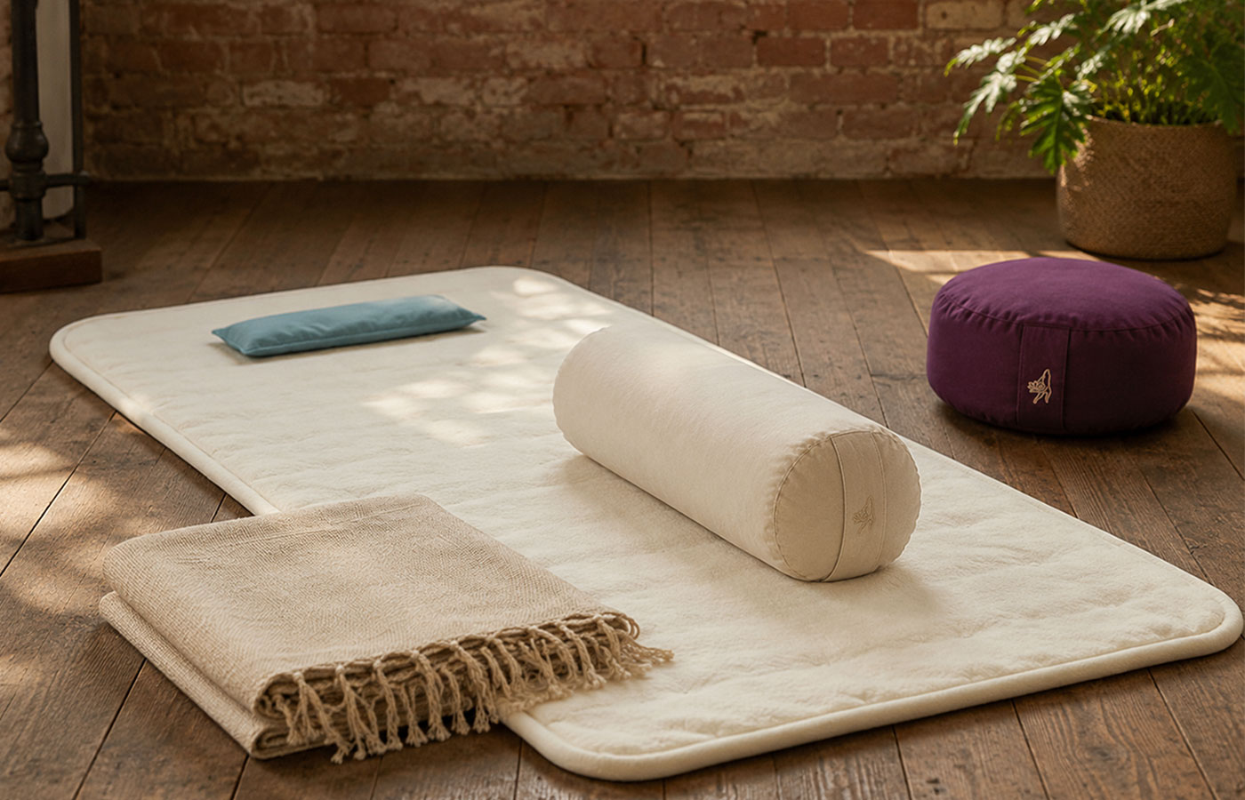 Yoga Nidra Setup mit Bolster, Decke, Augenkissen und Schurwollmatte