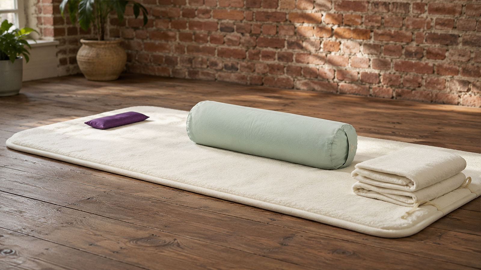 Yoga Nidra Setup mit Schurwollmatte, Bolster, Decke und Augenkissen in ruhigem Praxisraum