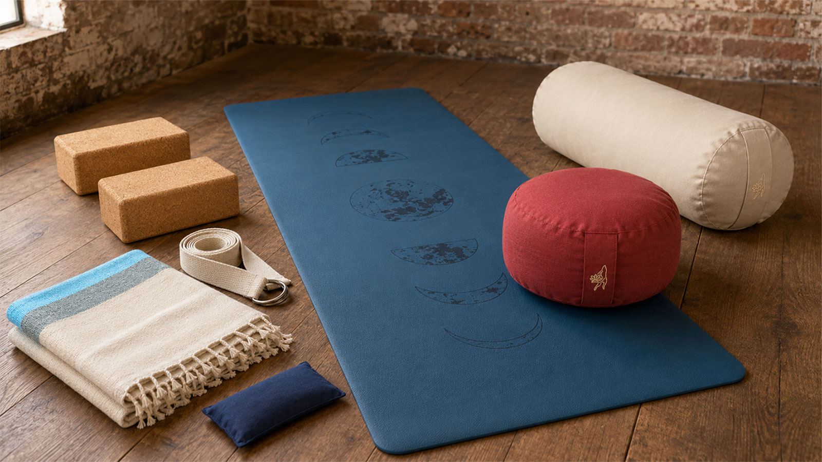 Yoga Produkte für zu Hause mit Yogamatte, Yogakissen, Korkblöcken, Gurt, Decke und Bolster