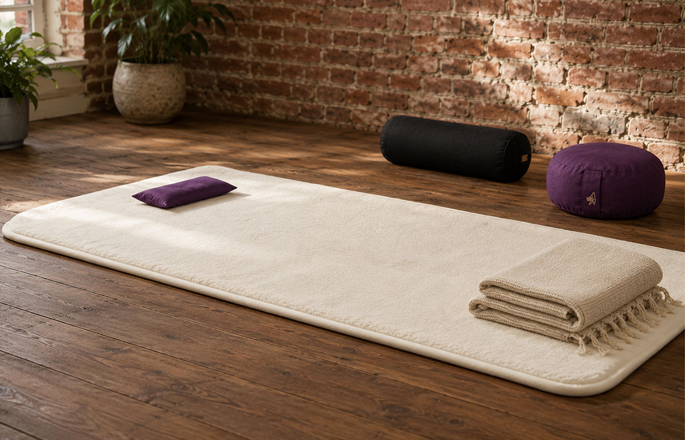 Feldenkrais-Unterlage mit Schurwollmatte, Decke und kleinem Kissen auf dunklem Dielenboden