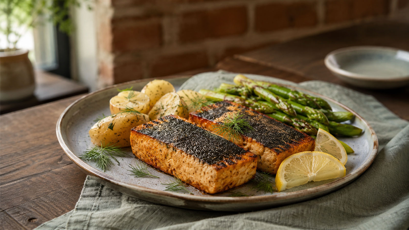 Veganes Tofu-Lachsfilet mit Nori, Zitrone, Dill und grüner Beilage