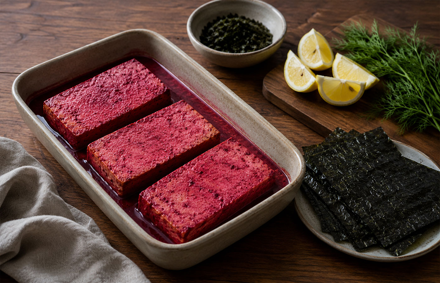 Tofu-Filets in Rote-Bete-Marinade mit Nori und Zitrone für veganes Lachsfilet