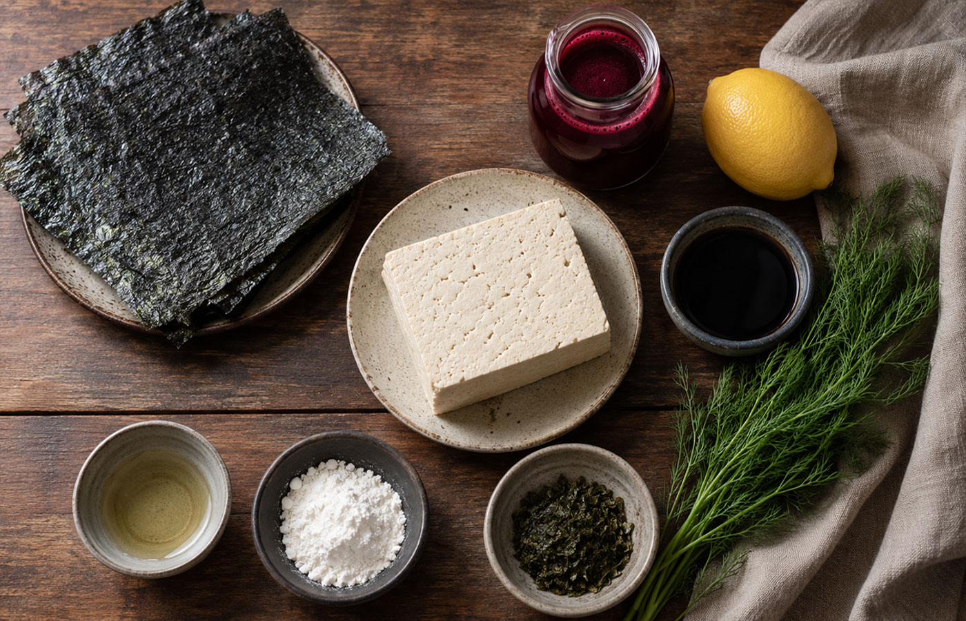 Zutaten für veganes Tofu-Lachsfilet mit Naturtofu, Nori, Rote-Bete-Saft, Zitrone und Dill