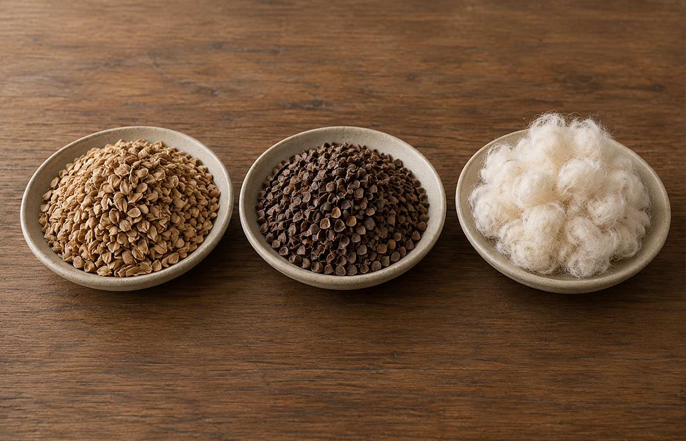 Materialvergleich von Dinkelspelzen, Buchweizenschalen und Kapok für Naturkissen