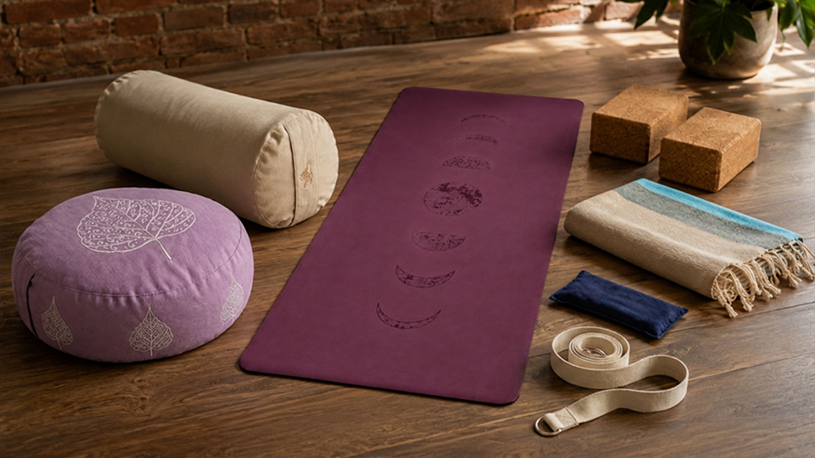 Ruhige Yoga-Ausstattung mit Yogamatte, Bolster, Kissen, Block, Gurt und Decke als Praxiswahl