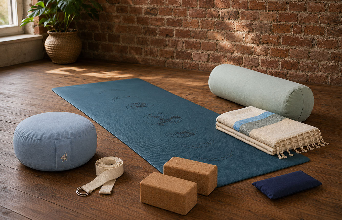 Yogamatte, Yogakissen, Korkblock, Gurt und Decke als ruhige Auswahlhilfe für die Yogapraxis