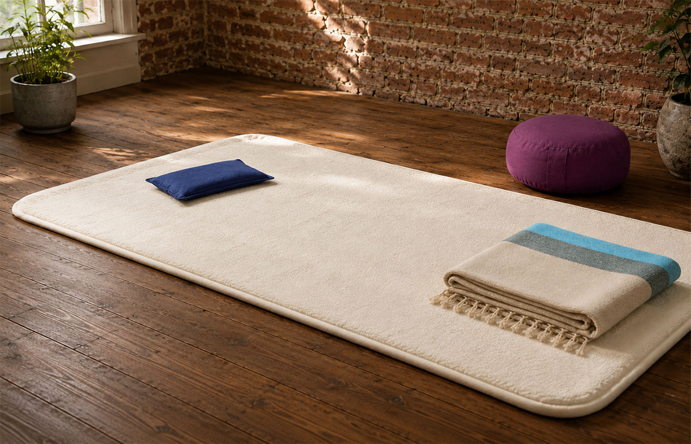 Vorbereitete Feldenkrais-Unterlage mit Schurwollmatte, Decke und kleinem Kissen