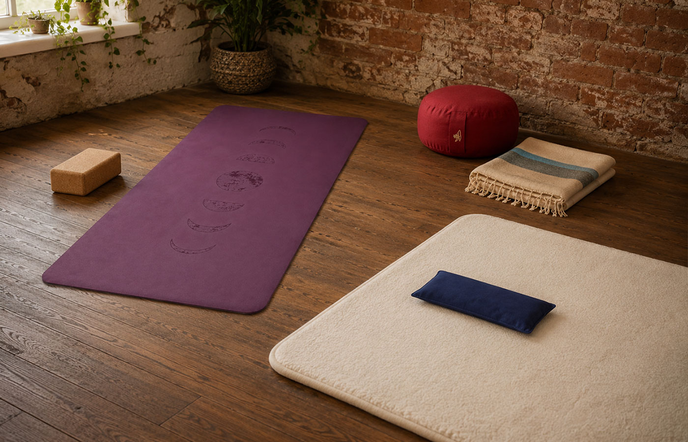 Drei ruhige Praxisbereiche für Yoga, Meditation und Feldenkrais mit Matte, Kissen, Decke und Unterlage