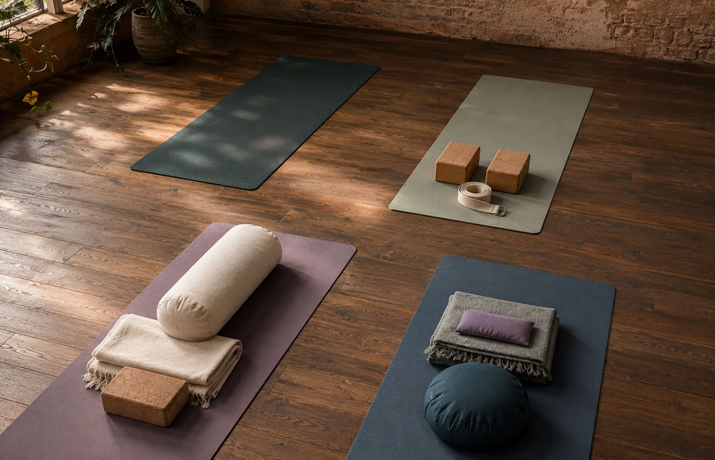 Vier ruhige Praxis-Setups für dynamisches Yoga, Iyengar Yoga, Yin Yoga und Yoga Nidra