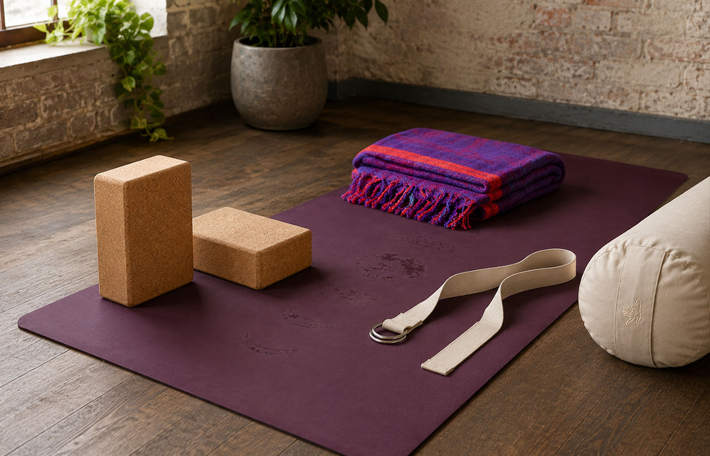 Iyengar Yoga Hilfsmittel mit Korkblock, Yogagurt, gefalteter Decke und Yogamatte