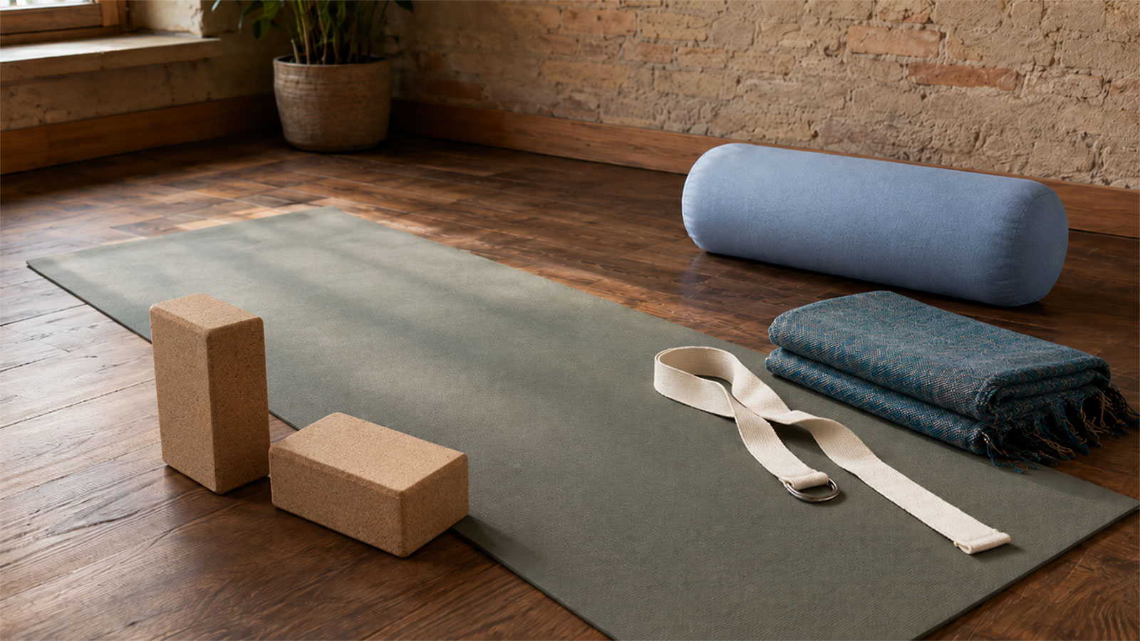 Iyengar Yoga Setup mit Yogamatte, Korkblöcken, Yogagurt, Decke und Bolster