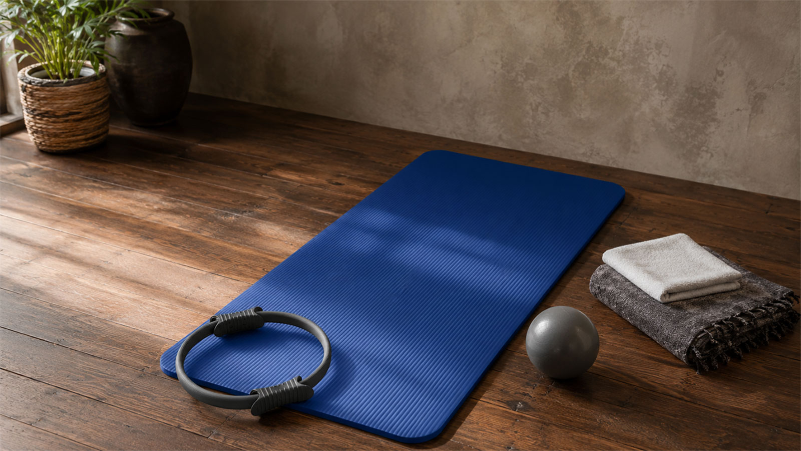 Ruhiger Pilates-Übungsplatz mit Matte, kleinem Ball, Band und gefalteter Decke