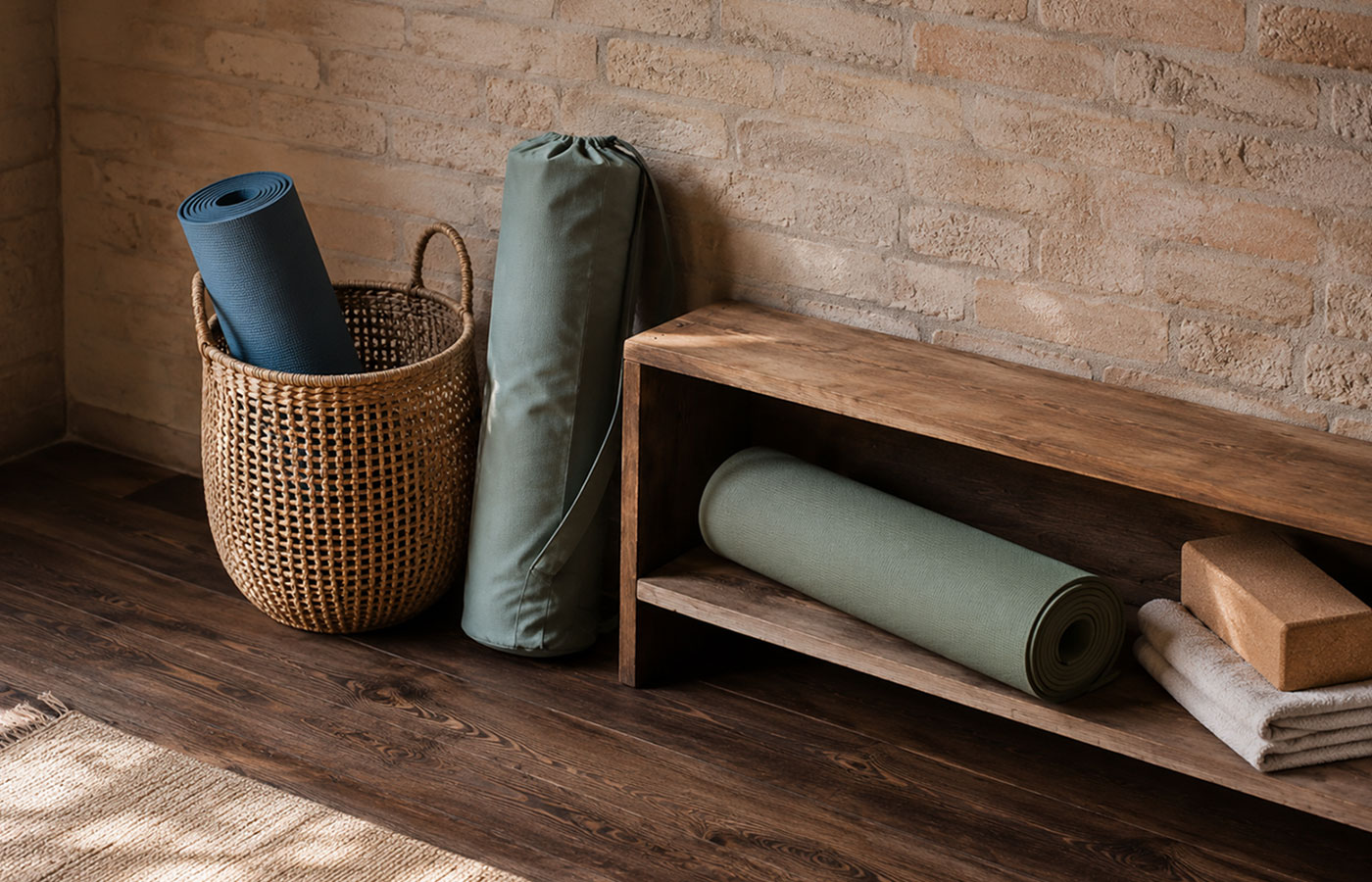 Yogamatten richtig aufbewahren mit lockerer Rolle, Tasche und Regal auf dunklem Holzboden