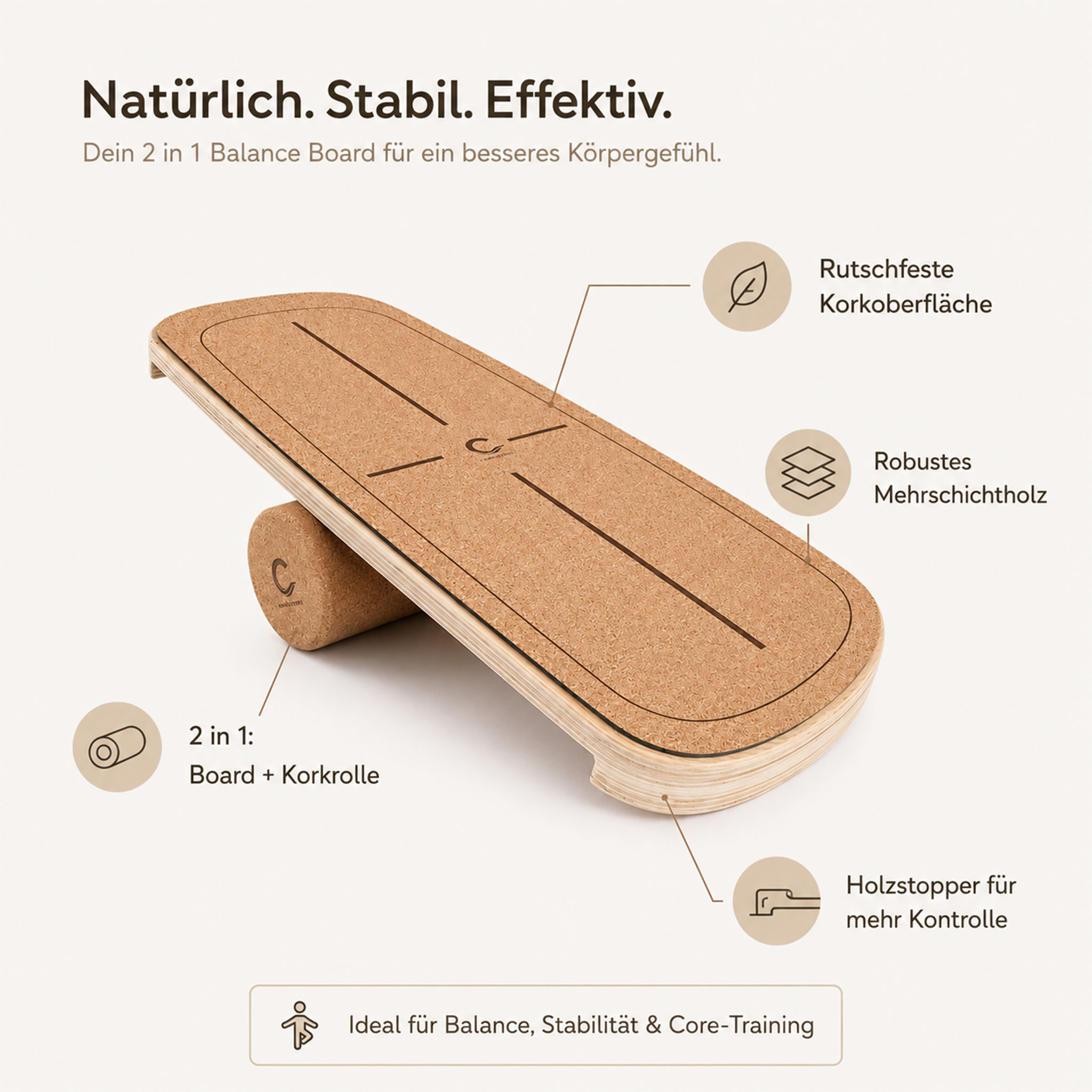 Produktgrafik eines 2-in-1 Balance Boards aus Holz mit Korkoberfläche und Korkrolle für Balance-, Stabilitäts- und Core-Training