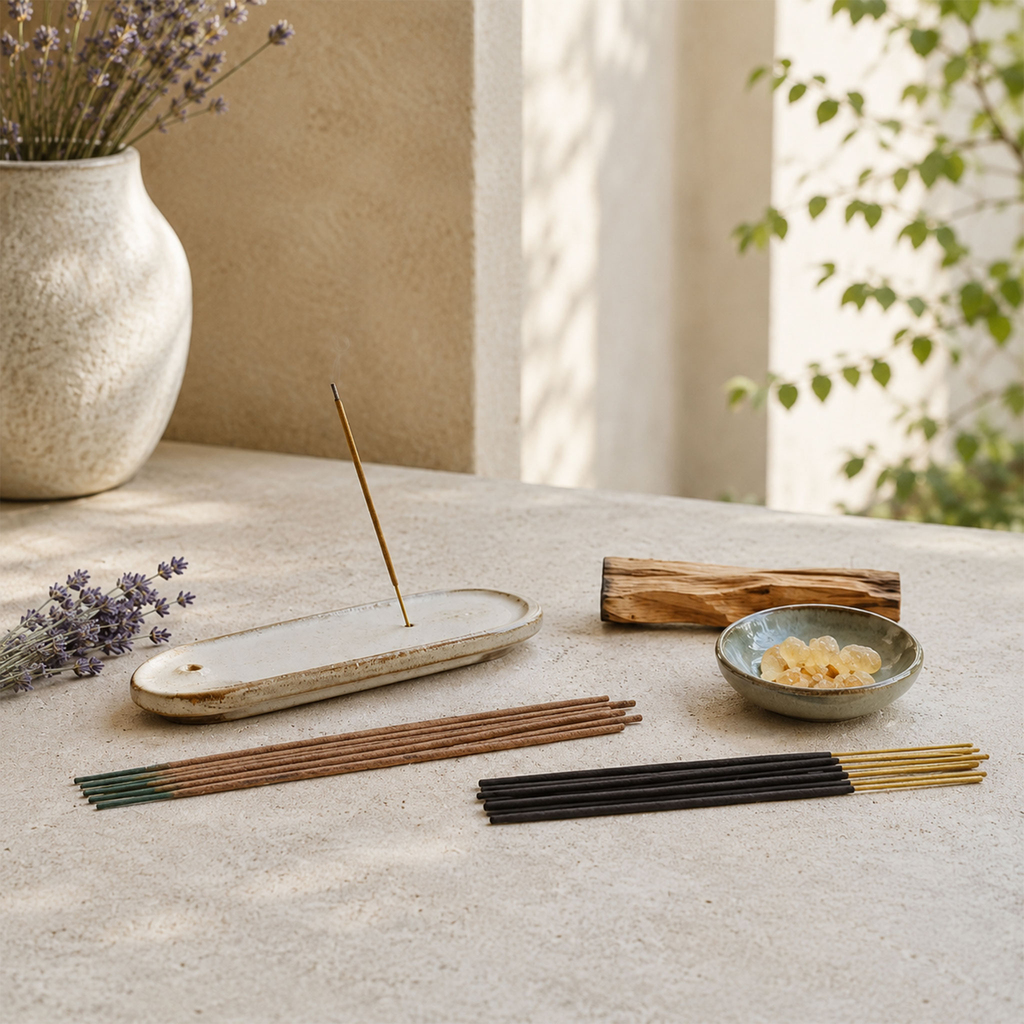Mehrere Räucherstäbchen auf einem hellen Tisch mit Keramikhalter, Lavendel in einer Vase, einer Holzablage und einer kleinen Schale mit Harzstücken.