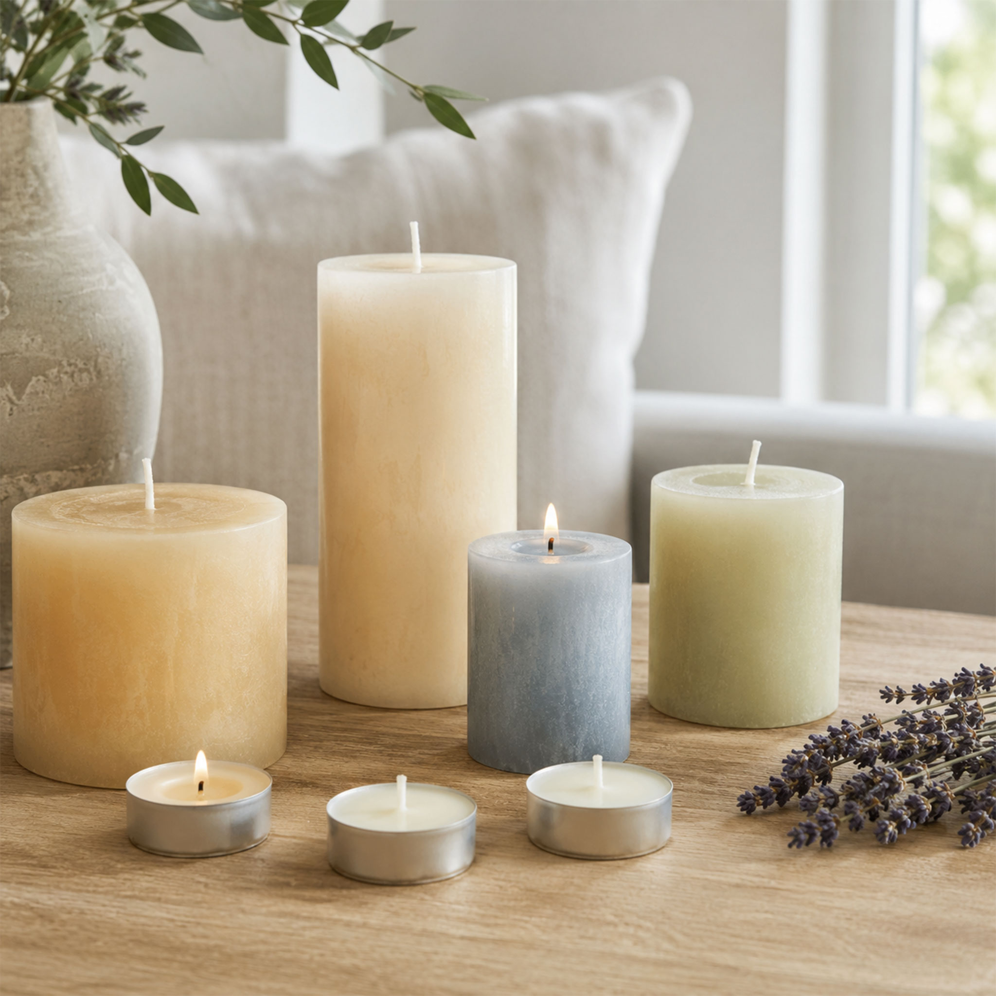 Mehrere Stumpenkerzen und Teelichter auf einem Holztisch, daneben Lavendel und eine Vase mit grünen Zweigen in einem hellen Wohnzimmer