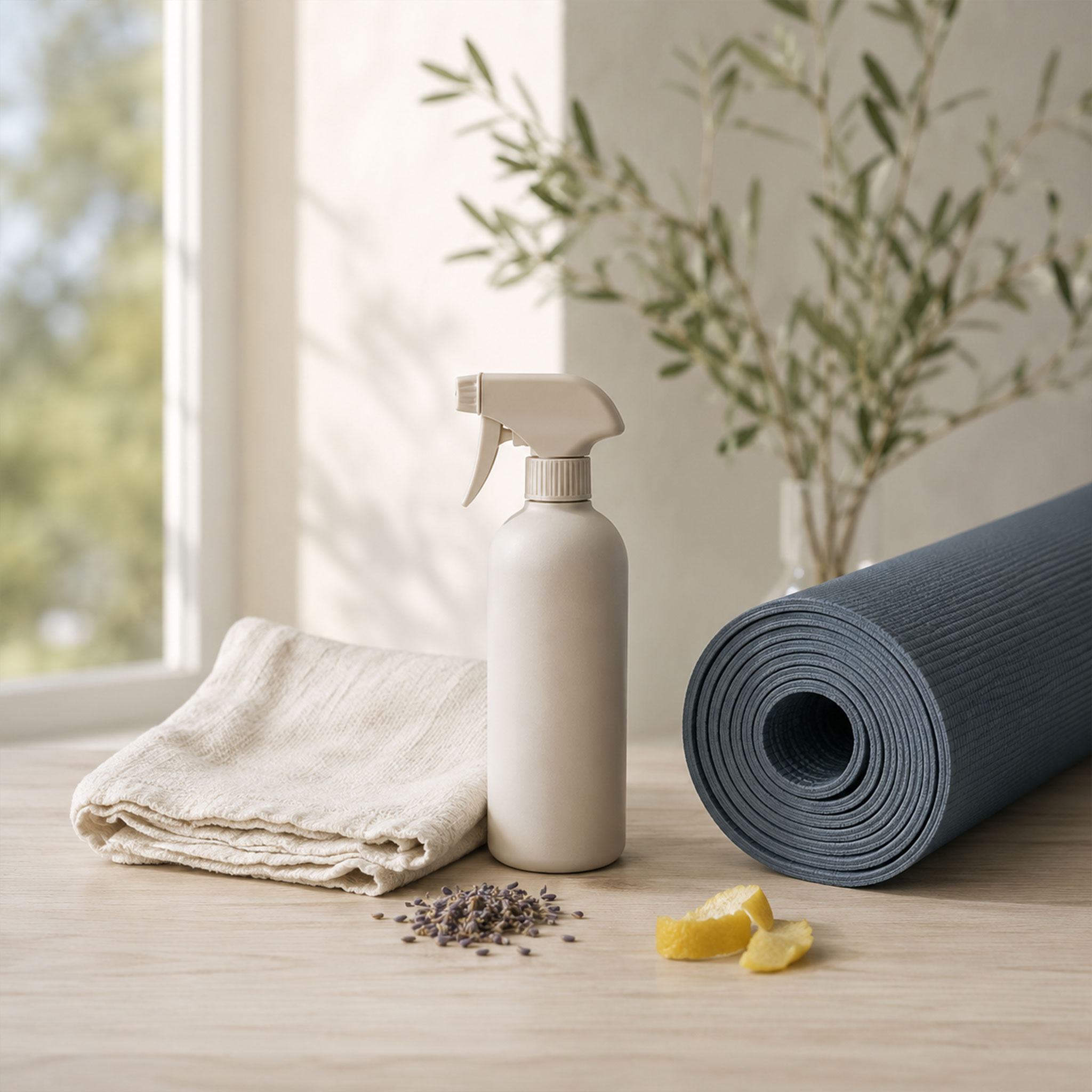 Weiße Sprühflasche neben gefaltetem Tuch und aufgerollter Yogamatte auf einem Holztisch, mit Lavendel und Zitronenschalen im Vordergrund.