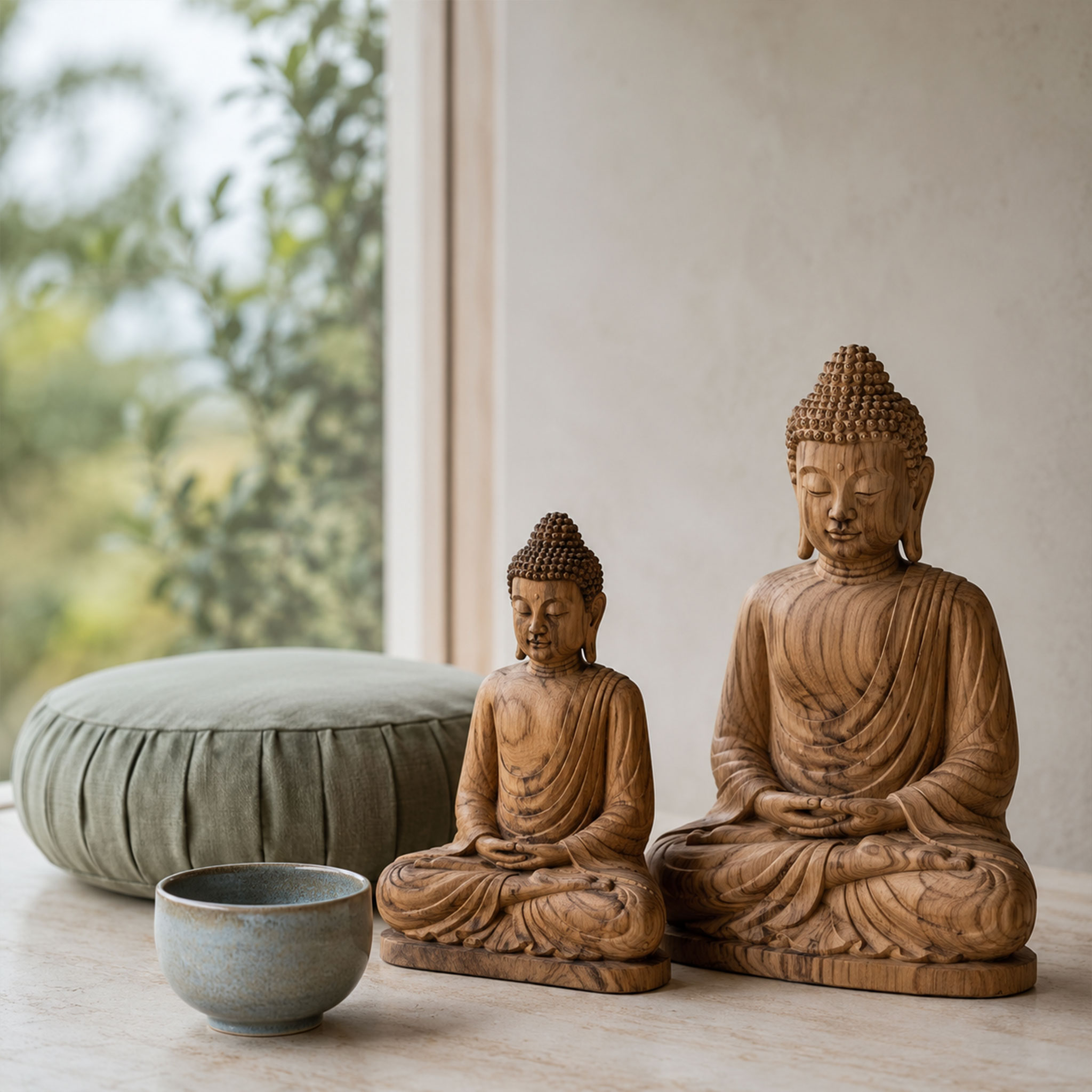 Zwei geschnitzte Buddhafiguren aus Holz stehen neben einer Schale und einem Meditationskissen auf einer hellen Oberfläche vor einem Fenster.