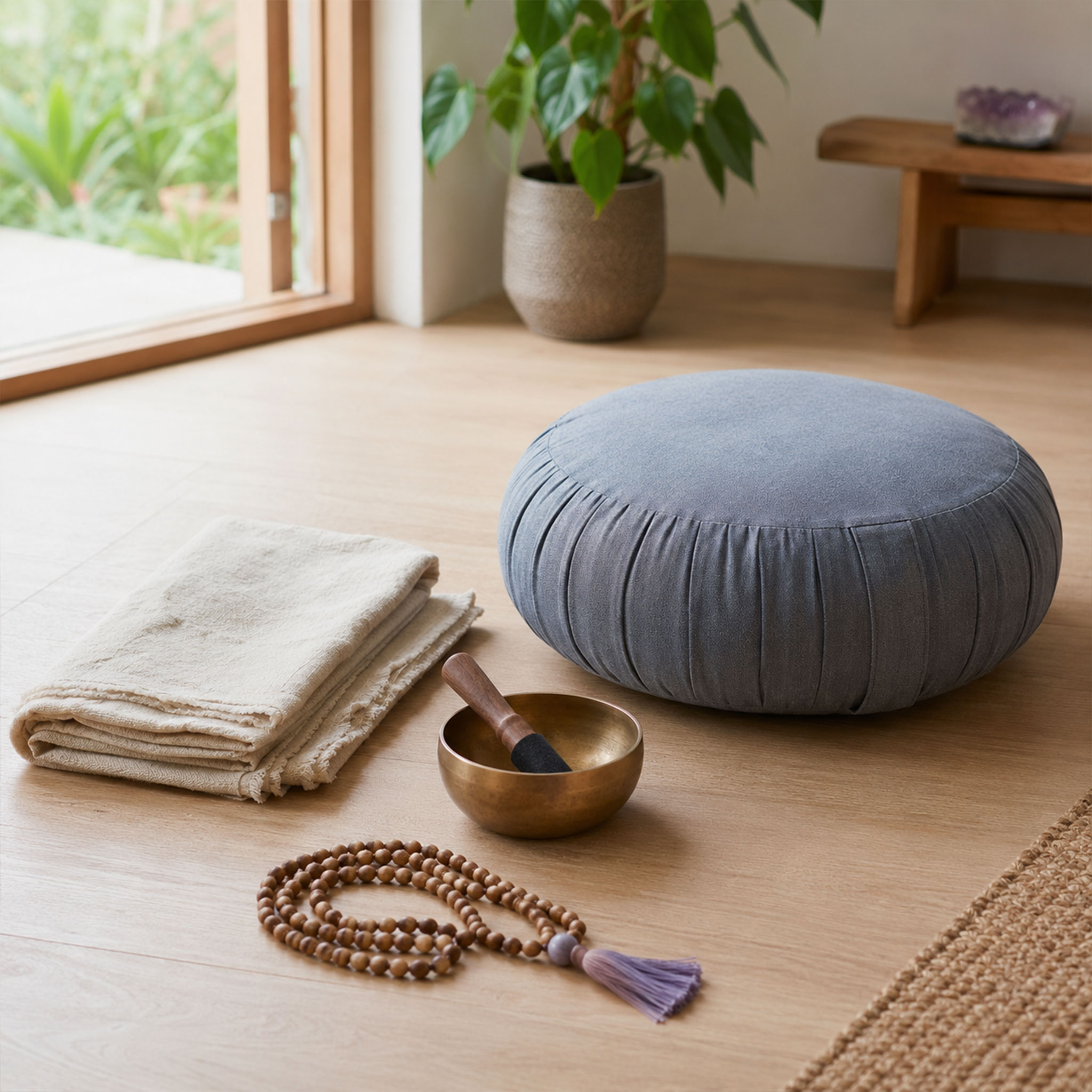 Ruhiger Meditationsbereich mit rundem Sitzkissen, gefalteter Decke, Klangschale und Gebetskette auf hellem Holzboden neben einem Fenster