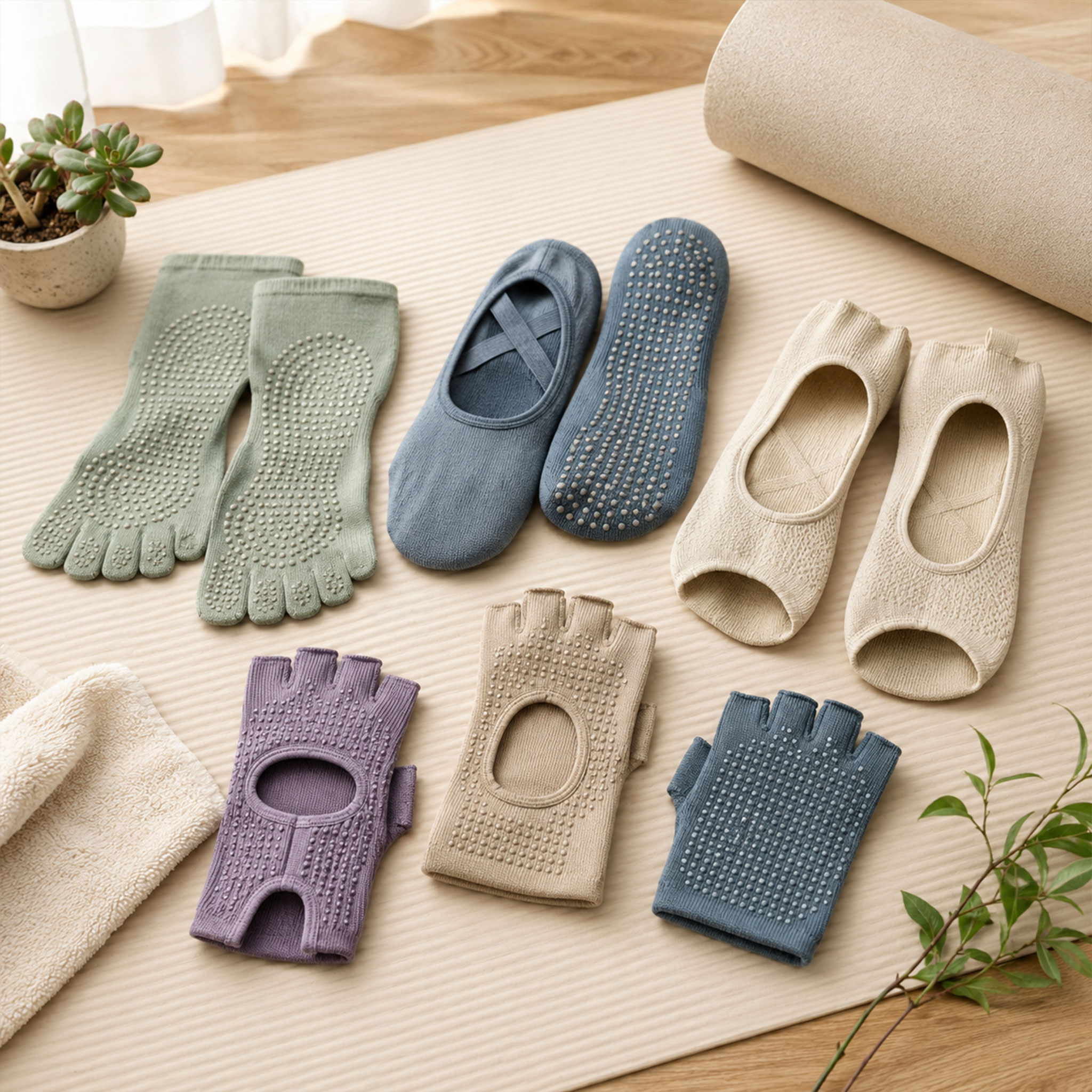 Mehrere rutschfeste Yoga-Socken und fingerlose Trainingshandschuhe liegen auf einer Yogamatte neben einem Handtuch und Pflanzen.